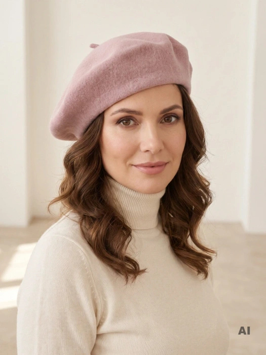 Elegancki beret damski z wełny w odcieniu wrzosowego beżu – klasyczny francuski fason na zimę 40898