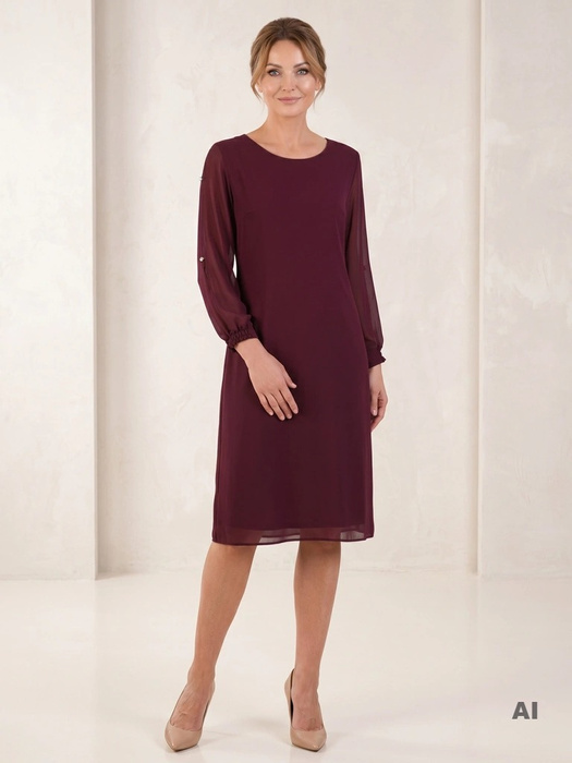 Elegancka sukienka trapezowa w kolorze śliwkowym – tuszujący fason z efektownym rękawem 23344