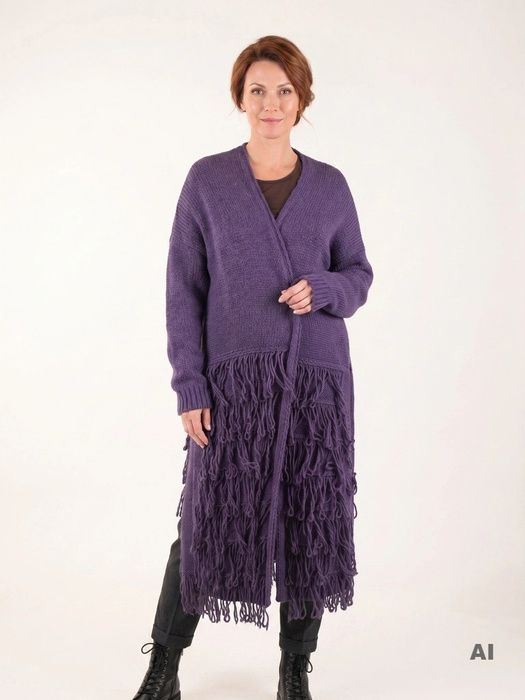 Elegancki sweter damski rozpinany w kolorze fioletowym – luźny fason z modnymi frędzlami 40461