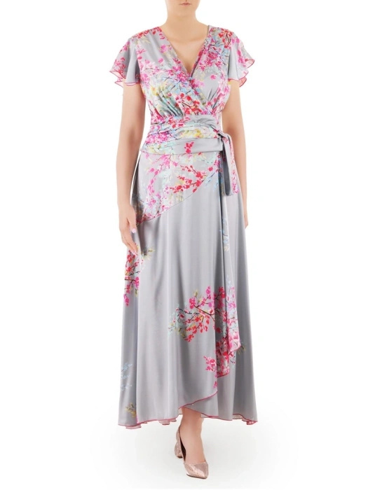 Elegancka sukienka na wesele maxi w kwiaty – rozkloszowany fason z kopertowym dekoltem 35877