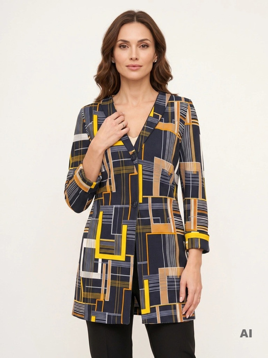 Wiskozowa marynarka damska do sukienki o prostym kroju – granatowy wzór i rękawy 3/4 36954