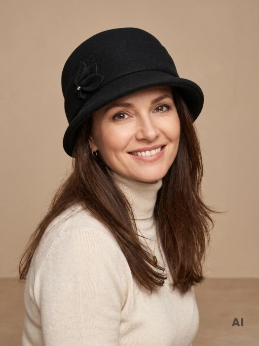 Elegancki czarny kapelusz zimowy damski cloche – ocieplany model z regulacją obwodu 42410