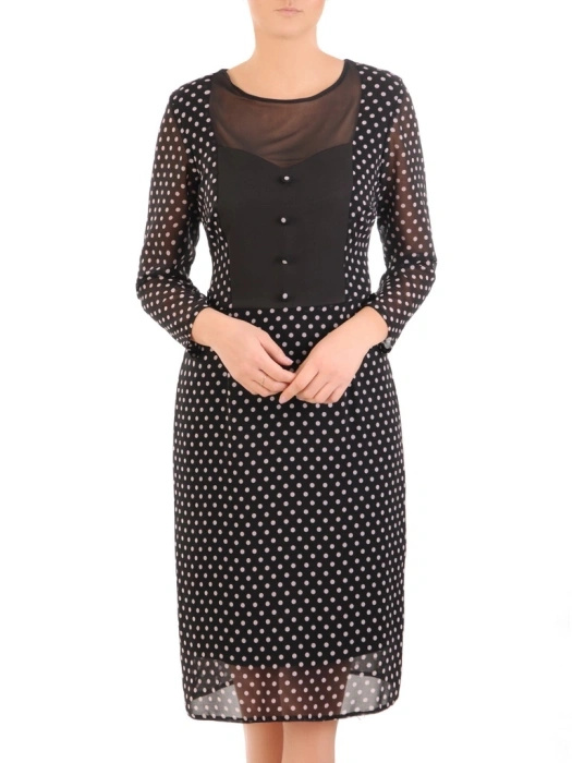 Elegancka czarna sukienka w groszki do kolan – prosty krój z dekoltem łódka i ozdobną wstawką 31469