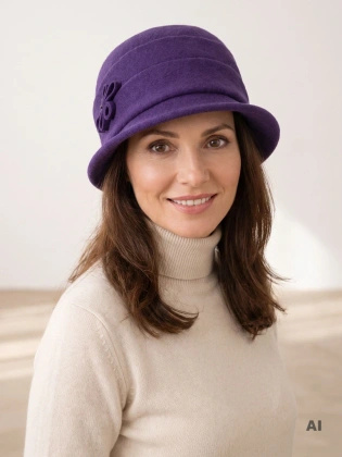 Elegancki kapelusz damski cloche fioletowy – ocieplany model z wywiniętym rondem 42448