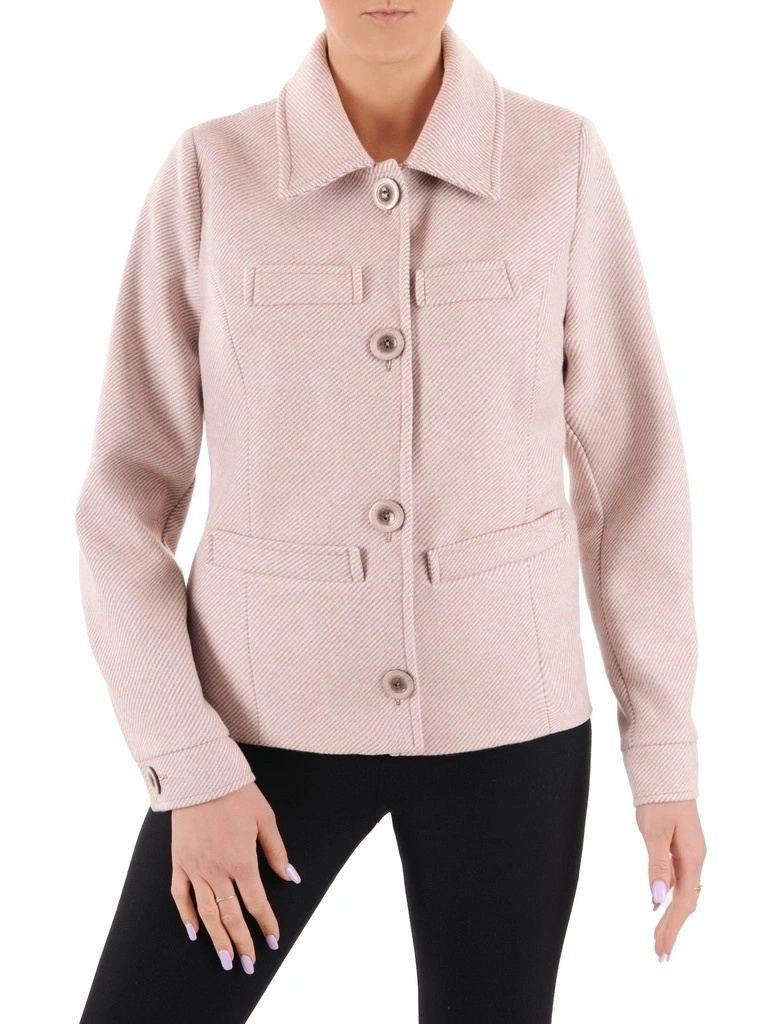 Beżowa kurtka przejściowa damska z kołnierzem – stylowy deseń w prążki i zapięcie na guziki 37952