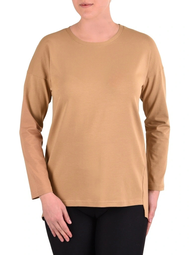 Elegancka bluzka bawełniana z długim rękawem camel – prosty fason z przedłużanym tyłem 41543