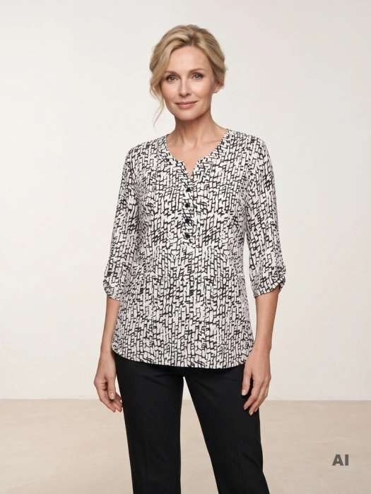 Elegancka bluzka plus size w geometryczny wzór ecru-czerń – optycznie wysmuklający prosty fason 40814