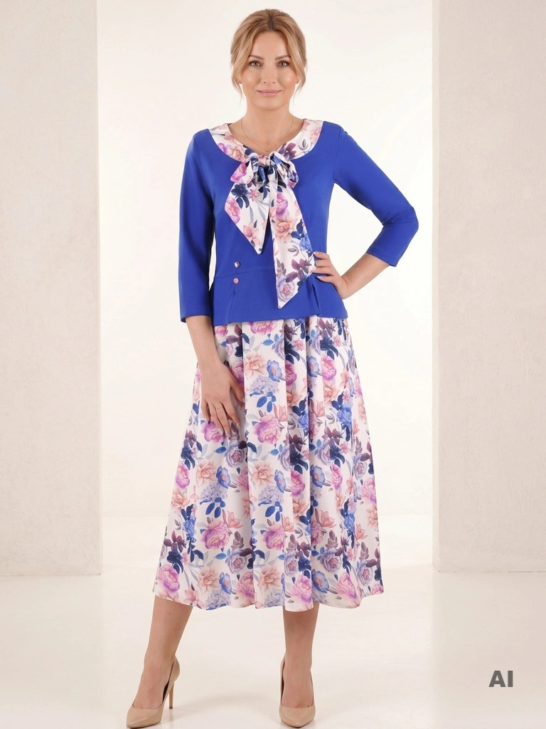 Elegancka sukienka rozkloszowana midi w kwiaty z rękawem 3/4 – kobiecy krój z baskinką modelujący sylwetkę 35905