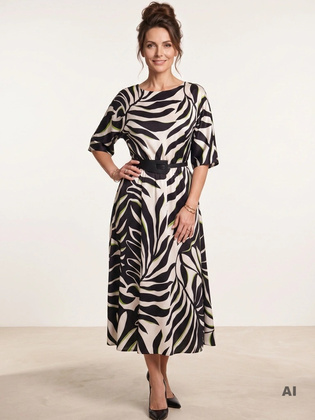 Wiskozowa sukienka midi rozkloszowana w zwierzęcy print – z rękawami kimono i gumą w pasie 42069