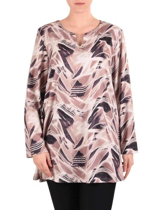 Stylowa bluzka plus size beżowo-kremowa w abstrakcyjny wzór – swobodny krój optycznie wysmuklający 41075