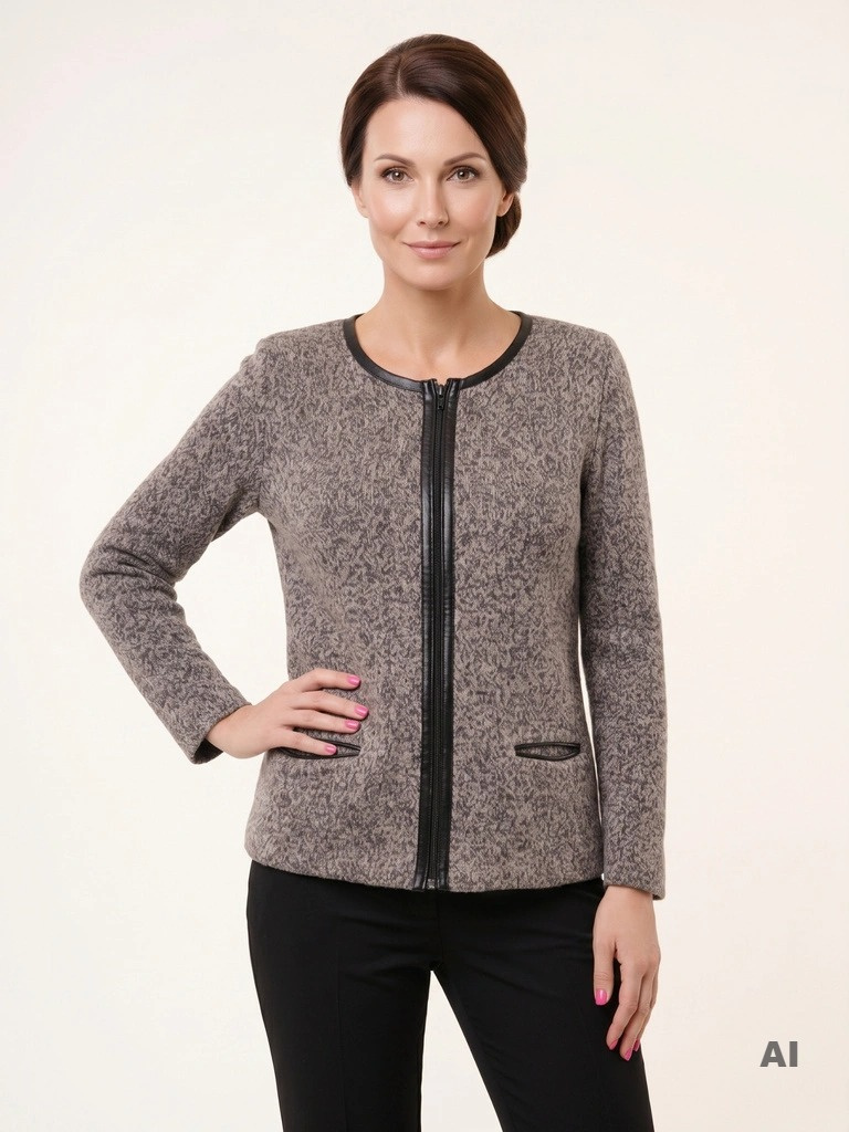 Elegancki sweter damski rozpinany na zamek – prosty krój ze wstawkami z ekoskóry 38977