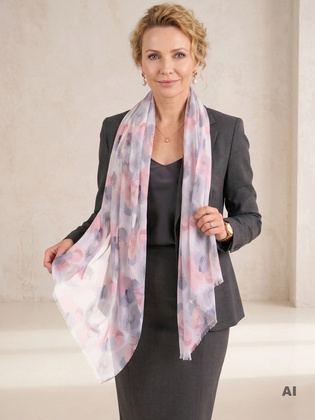 Lekki szal damski szaro-łososiowy w plamy – stylowe przełamanie biurowego dress code 41625