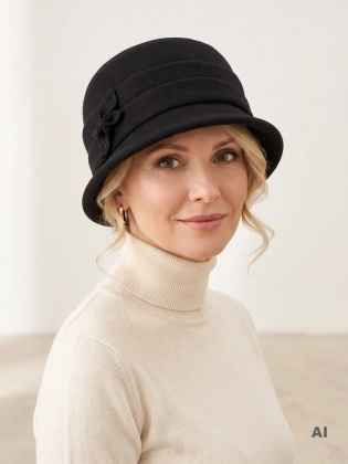 Czarny kapelusz damski cloche – elegancki model zimowy z ozdobnym kwiatem, cyrkoniami i podszewką 40909
