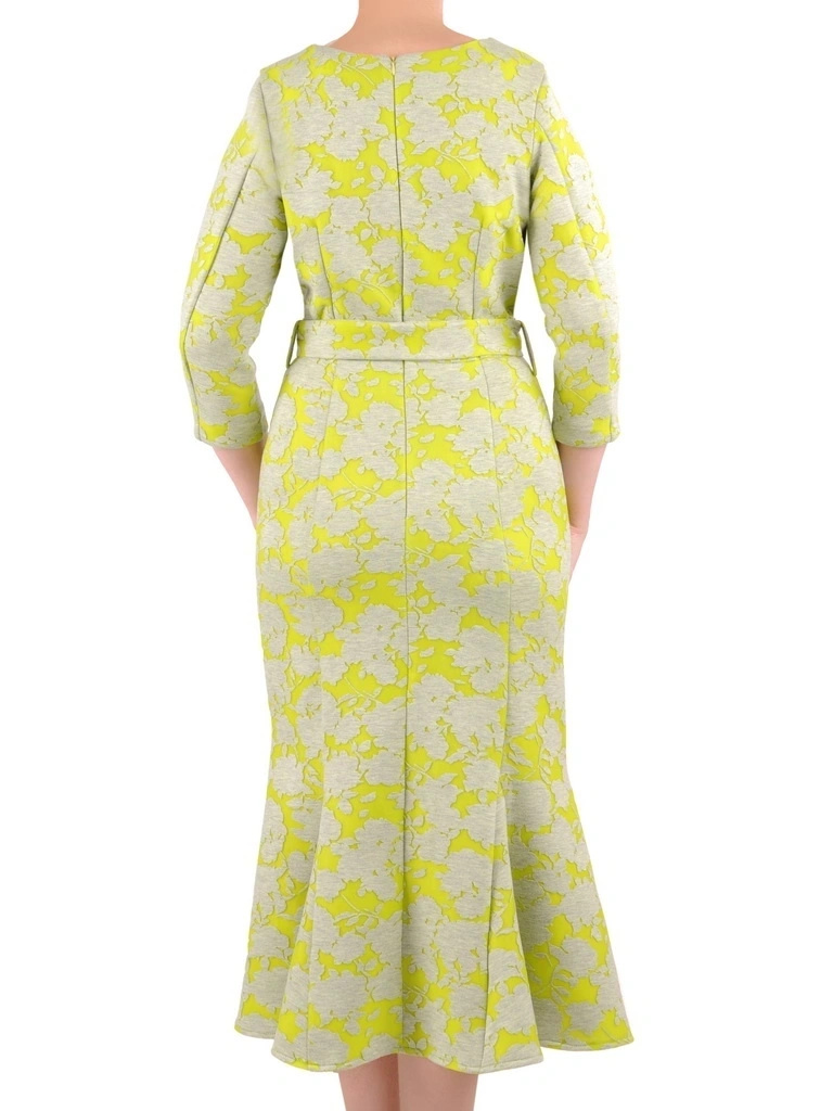 Szaro-limonkowa sukienka midi syrenka z godetami – pasek akcentujący talię i elegancki krój 35183