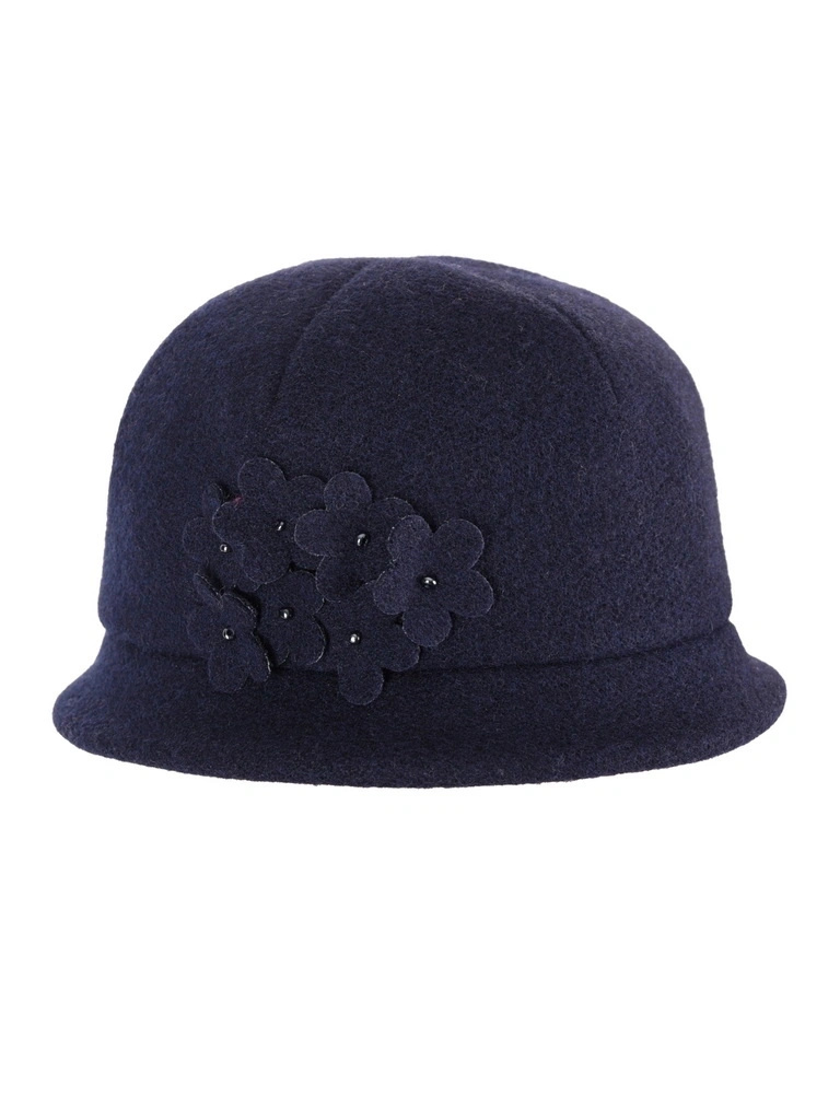 Elegancki granatowy kapelusz damski cloche – ozdobny kwiat i regulacja obwodu na zimę 42384