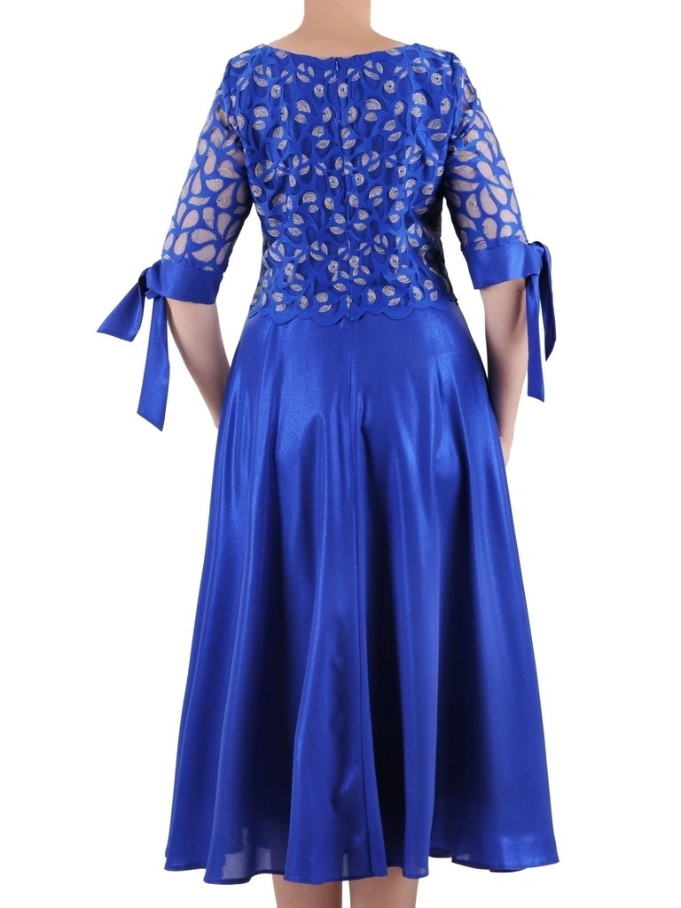 Elegancka chabrowa sukienka wizytowa maxi – rozkloszowany fason z dekoltem w serek na przyjęcia 35417