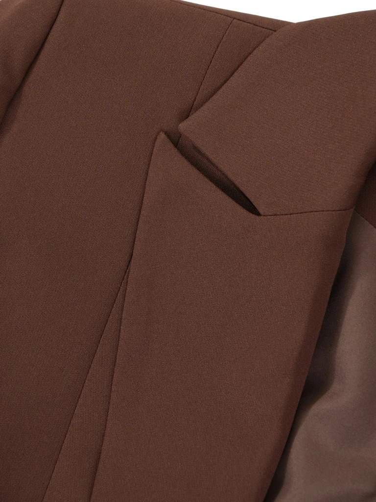 Elegancki komplet damski ze spodniami brązowy – stylowe dzwony w kant i luźny żakiet 41957