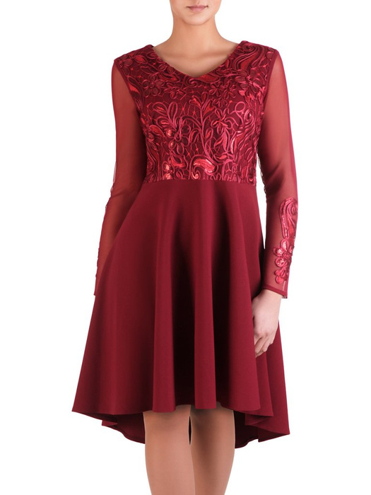 Rozkloszowana sukienka ozdobiona cekinami 14434, kreacja z koronkowym topem.