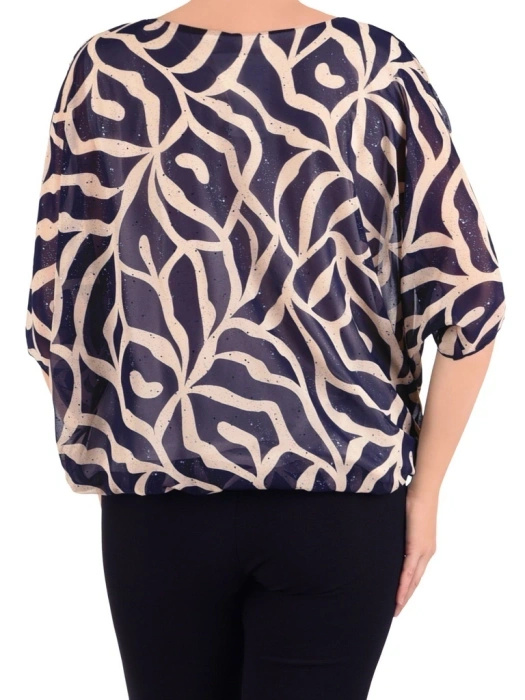 Elegancka bluzka z rękawami kimono granatowo-beżowa – lekki fason z gumką idealny na lato 42052