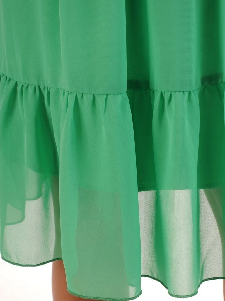Zielona sukienka wizytowa rozkloszowana – dekolt w serek z żabotem wysmuklający szyję 26458