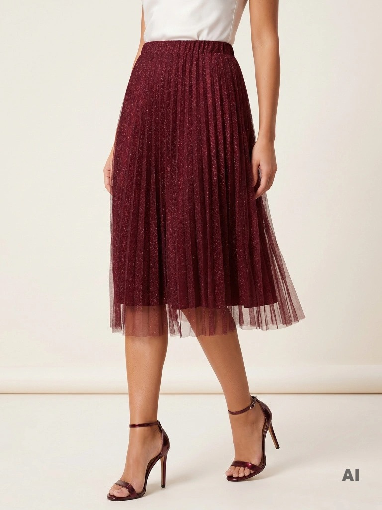 Elegancka bordowa spódnica trapezowa na gumce – brokatowe zdobienie modelujące sylwetkę 24839