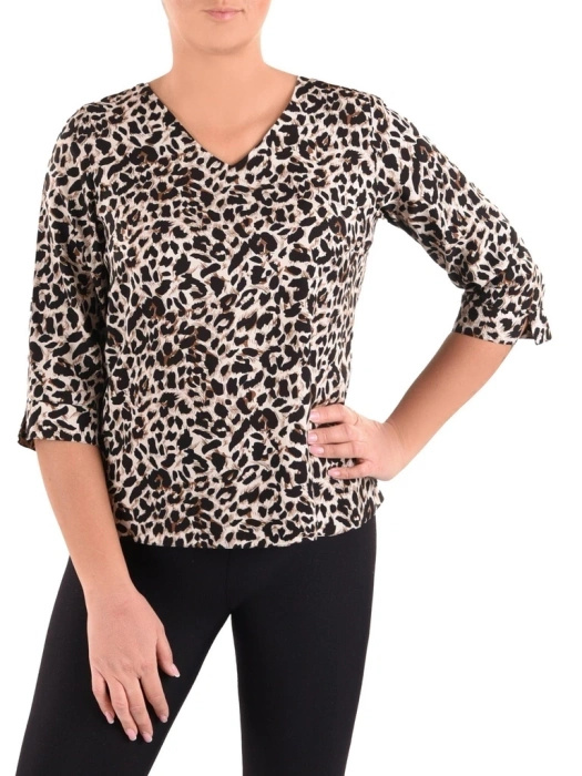 Elegancka bluzka plus size w panterkę z dekoltem V – luźny krój z rękawem 3/4, idealna na letnie dni 40845