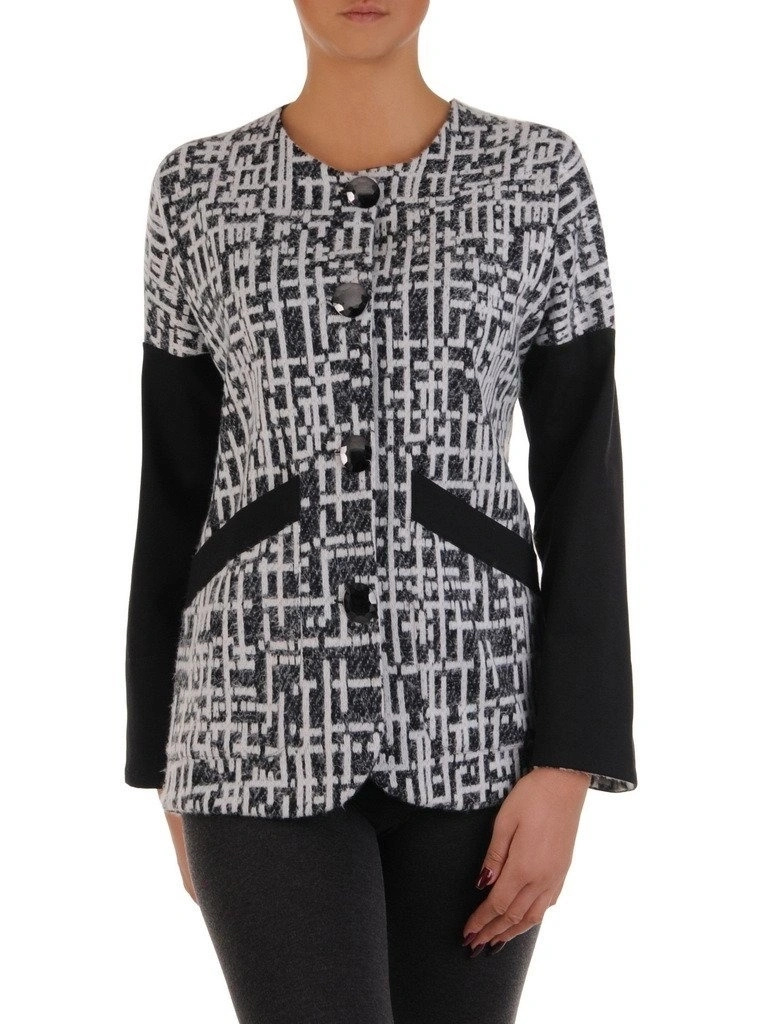 Stylowa marynarka damska plus size w geometryczny print – maskujący biodra fason z dekoltem łódka 18404