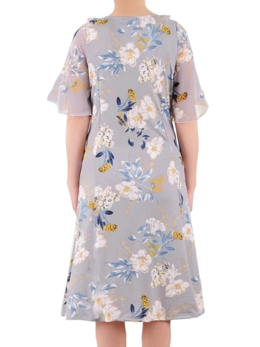 Elegancka szara sukienka w kwiaty midi – rozkloszowany krój z dekoracyjnym żabotem 35968