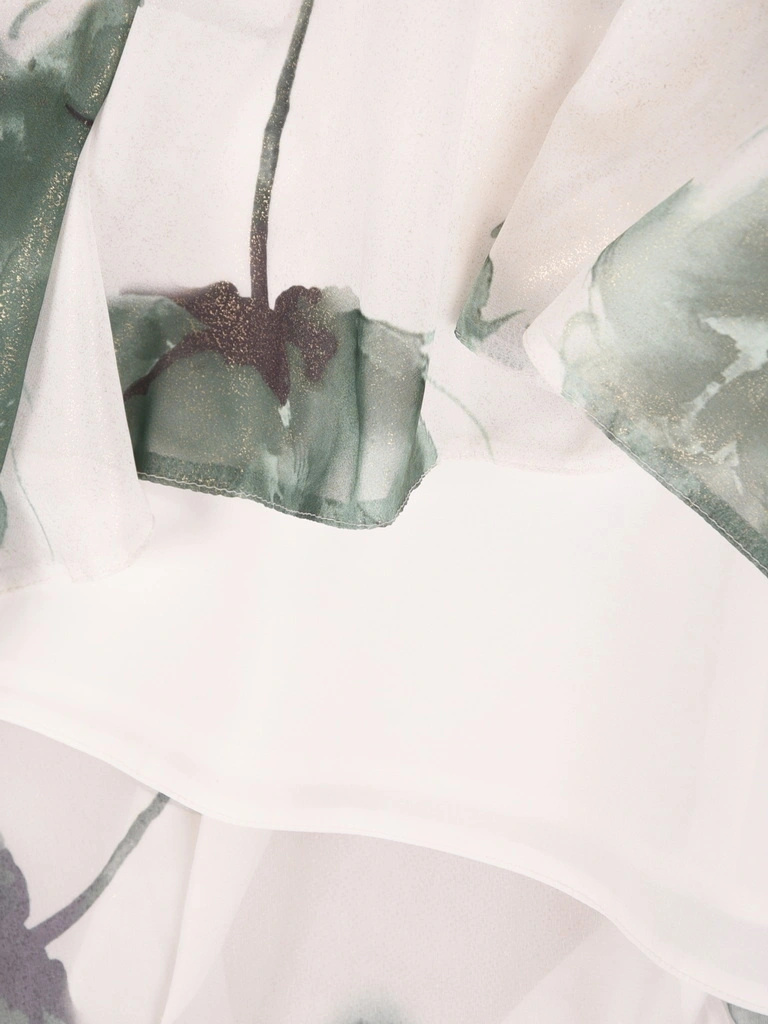 Elegancka sukienka rozkloszowana midi w kwiaty – pasek podkreślający talię i subtelny połysk 41507