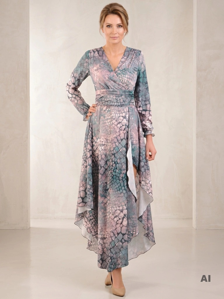 Elegancka sukienka wieczorowa maxi w zwierzęcy motyw – asymetryczny dół wysmuklający sylwetkę 30825