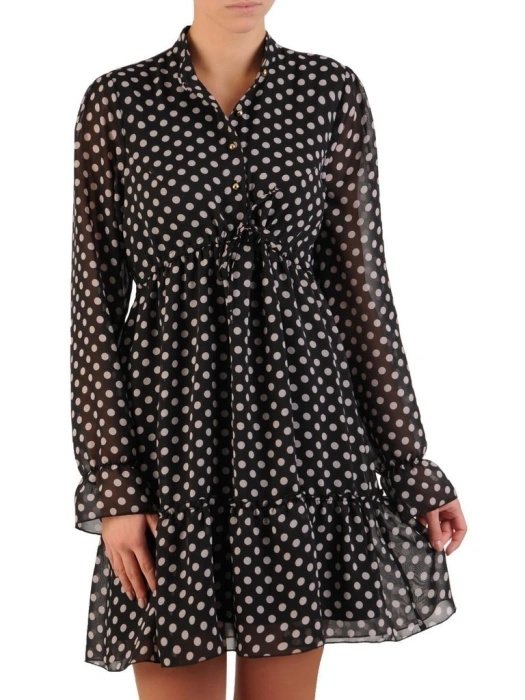 Czarna sukienka mini w groszki rozkloszowana – zwiewny model ze stójką i guzikami 23783
