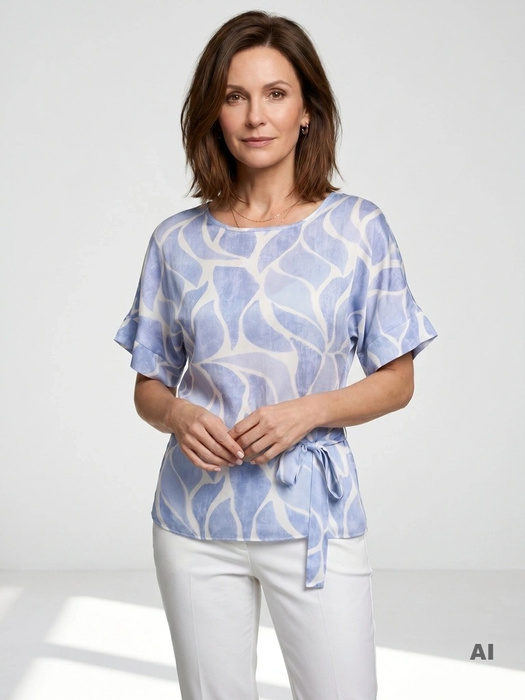 Elegancka bluzka wizytowa z wiskozy w modny print – prosty fason z kobiecym wiązaniem w pasie 41953
