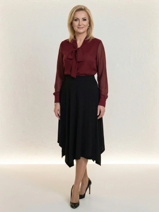 Elegancka czarna spódnica trapezowa midi na gumce – wygodny fason z kieszeniami na chłodne dni 41420
