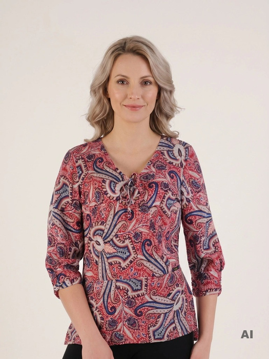 Elegancka czerwona bluzka wizytowa we wzory – prosty krój z wiązaniem subtelnie maskujący biodra 20743