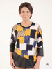 Wielobarwna bluzka damska z ekoskórą w modny patchwork – fason kimono, maskujący talię i wysmuklający plecy 32505