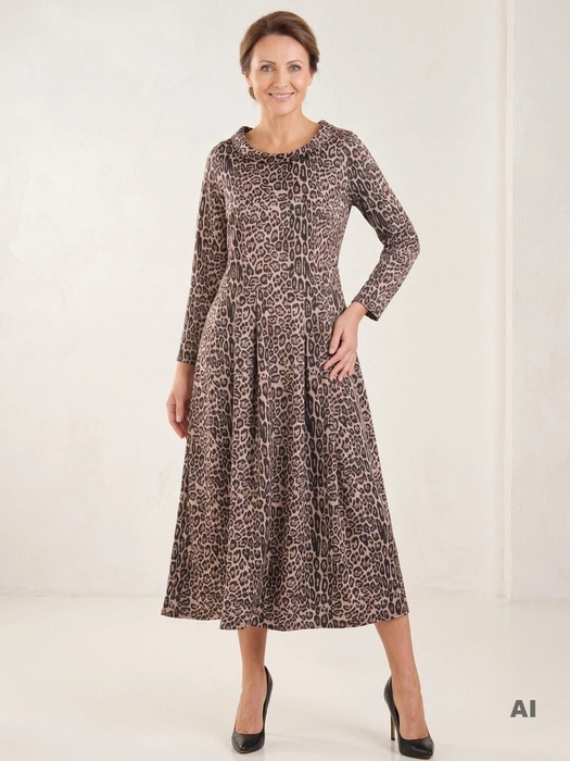 Rozkloszowana sukienka jesienna maxi we wzór zwierzęcy – stylowy kołnierzyk i plisy modelujące figurę 31253