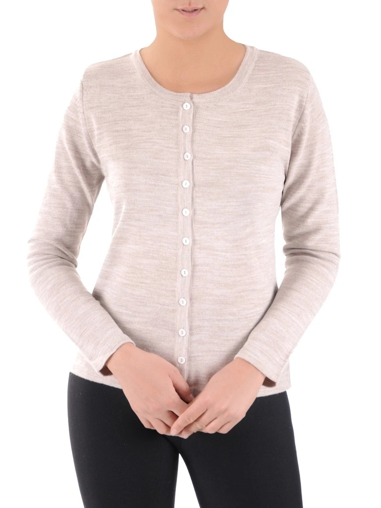 Elegancki sweter damski rozpinany beżowy – prosty krój z kobiecym dekoltem na jesień 38680