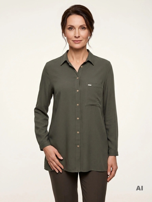 Elegancka wiskozowa koszula damska khaki – prosty krój z kieszenią maskujący biodra 39137