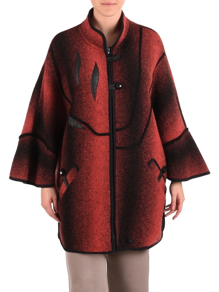 Czerwony elegancki sweter damski rozpinany – luźny krój z rękawem 3/4 i ozdobnymi guzikami 42182