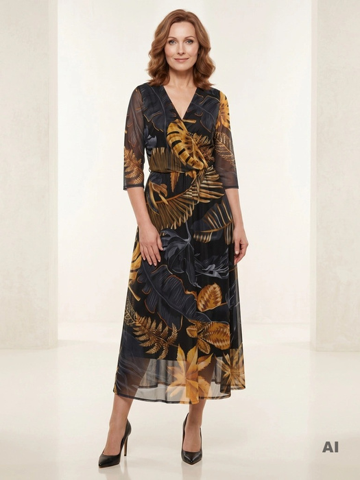 Elegancka czarna sukienka rozkloszowana maxi w jesienne liście – kobiecy krój wysmuklający sylwetkę 37086