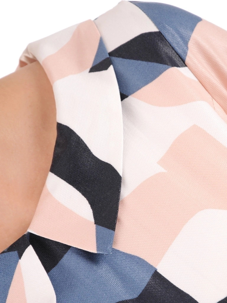 Jesienna sukienka wizytowa midi w elegancki wzór – prosty krój z ozdobną baskinką 37659