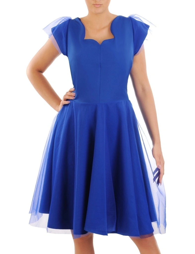 Elegancka sukienka wieczorowa chabrowa midi – rozkloszowany fason z tiulowymi wstawkami 33975