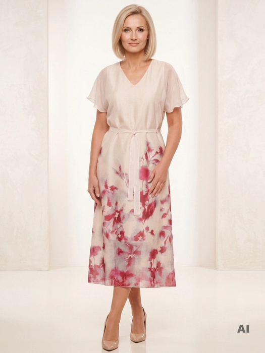 Elegancka sukienka trapezowa midi w kwiaty – modny krój z paskiem podkreślającym talię 39854