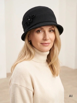Elegancki czarny kapelusz cloche – wywinięte rondo oraz regulacja obwodu na jesień 42449