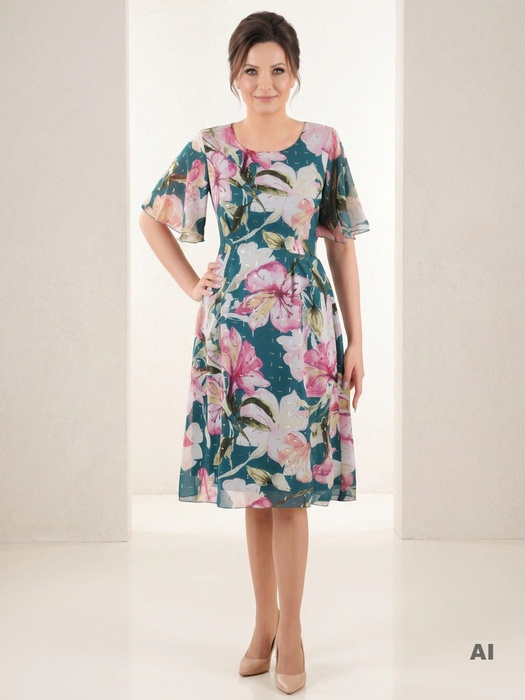 Elegancka zielona sukienka rozkloszowana w kwiaty – kobiecy fason z wiązaniem modelujący talię 35988