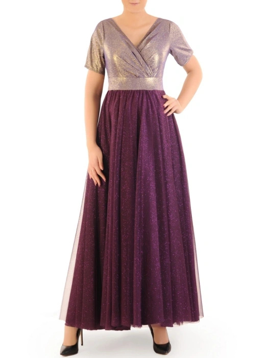 Fioletowa suknia balowa maxi na studniówkę i sylwestra – rozkloszowany fason ze złotym blaskiem 35053