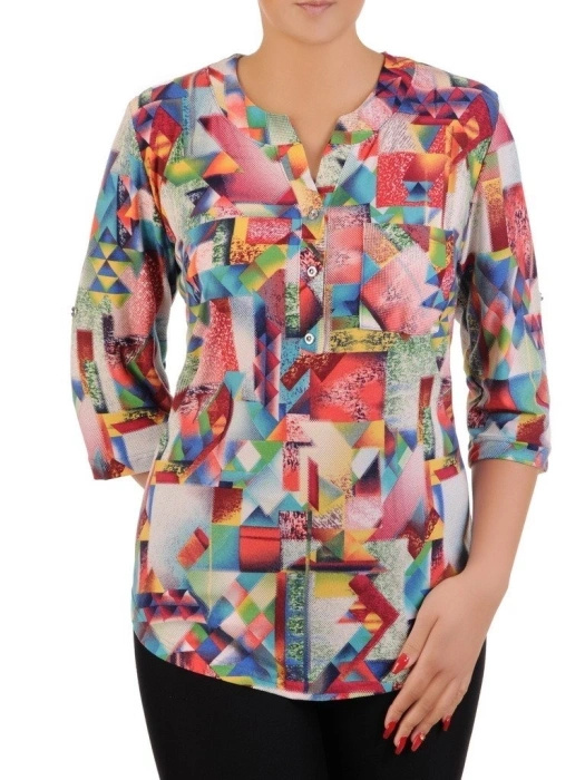 Elegancka wiskozowa bluzka w geometryczny wzór – prosty fason z ozdobnymi guzikami 21257