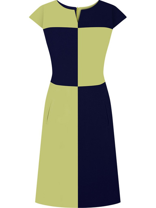 Pistacjowo-granatowa sukienka Pamela II, nowoczesna kreacja w geometryczny wzór.