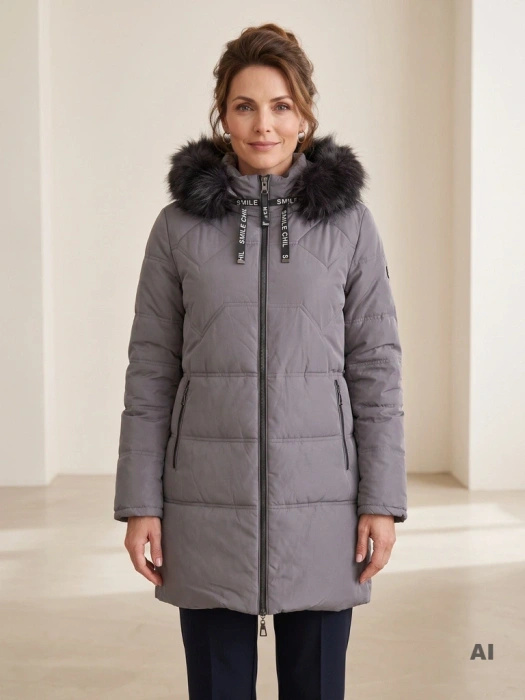 Popielata kurtka zimowa damska pikowana – prosty fason z kapturem wykończonym futerkiem 41134
