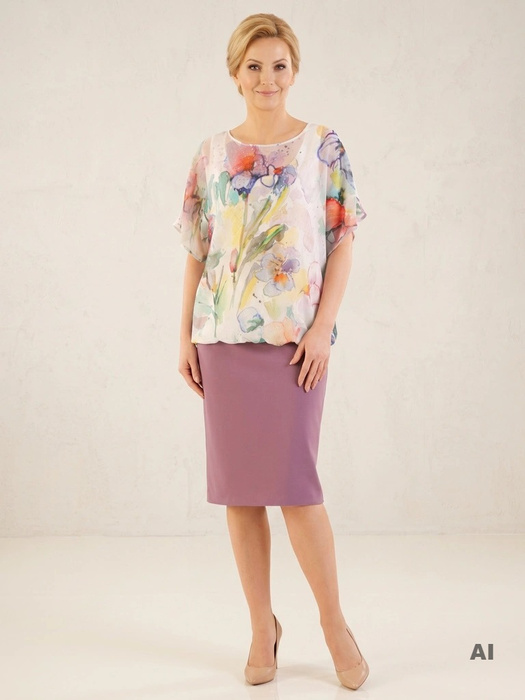 Elegancka sukienka damska w kwiaty midi – swobodna góra z dekoltem w łódkę i dżetami 33544